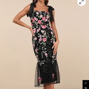 NWT Lulus Stunning Inclination Black Embroidered Tie-Strap Midi Dress